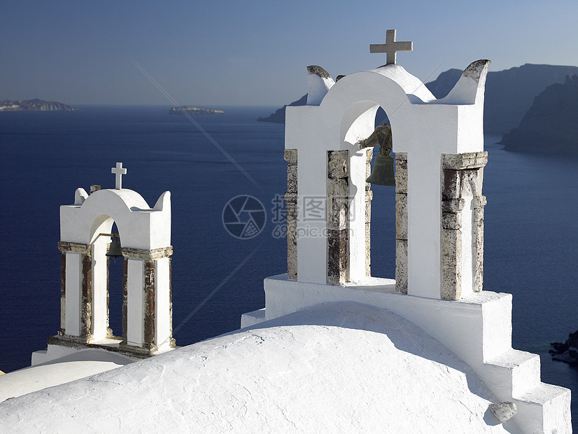 希腊圣托里尼岛教会火山钟楼火山口地平线日落旅行旅游图片