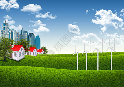 蓝天空 绿草和城镇能源天空草地窗户建筑植物太阳森林摩天大楼城市图片