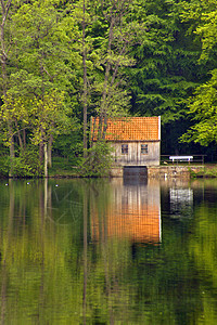 湖边小屋反射木屋房子树木森林田园诗窗户林业建筑季节图片
