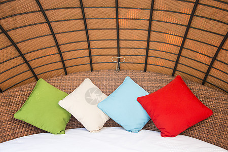 酒店床上带文字空间的色彩多彩的枕头奢华住宅大厦样本房子装饰设计师家具房间风格图片
