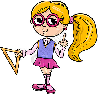 小学女生卡通插图快乐微笑马尾辫漫画吉祥物三角板卡通片学校孩子们女孩图片