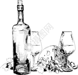 配奶酪和葡萄的葡萄酒小吃藤蔓文化草图瓶子酒吧传统手绘玻璃牛奶图片