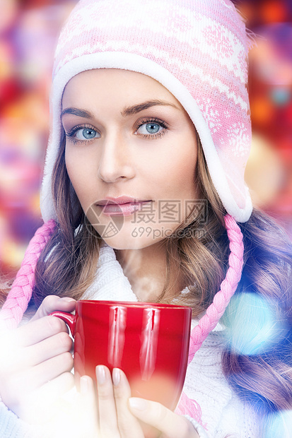 红脸的美女饮料女孩女性香气咖啡幸福杯子毛衣魔法羊毛图片