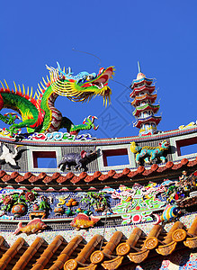 中国神像在寺庙的屋顶叶子上的中国龙雕图片