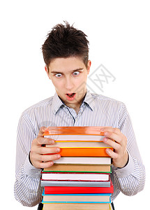 以 古兰经 著述而惊讶的青少年图书头发青春期教科书白色学生震惊教育思维手册图片