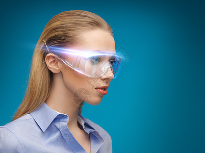 带有数字眼镜的女商务人士技术商业蓝色成人纳米数据工人职员商务学生图片