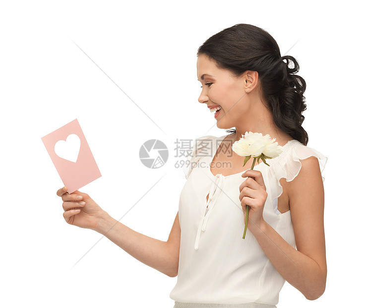持有花和明信片的年轻妇女新娘展示邮政微笑婚礼女性女子未婚惊喜女士图片