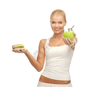 配有苹果和汉堡包的妇女数字保健水果食物微笑减肥生物身体饮食女孩图片