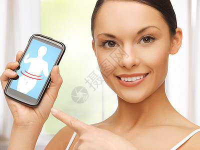 妇女用应用智能手机指向智能手机微笑女性手指女孩饮食展示腰围工具燃烧柜台图片