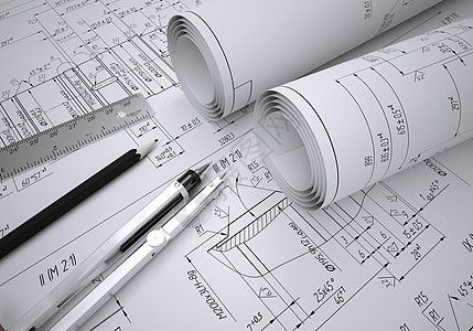 工程图纸和工具滚动草图工业铅笔金属工艺项目机械办公室桌子文档图片