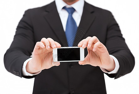 显示带空白屏幕的智能手机的商务人士上网商务技术工具人士黑色广告博客网络电话图片