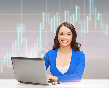 穿着蓝衣 带笔记本电脑的笑着妇女女性速度金融人士生长海浪商业图表商务市场图片