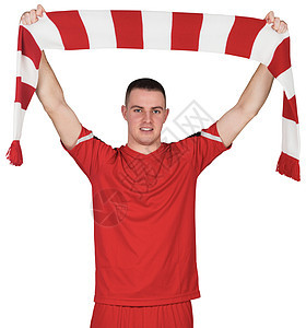 持条条围巾的足球运动员活动齿轮运动服男人男性欣快感白色运动红色播放器图片