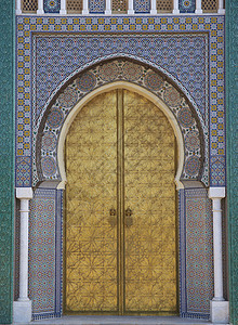 摩洛哥王国皇宫国王地标建筑蓝色建筑学钥匙吸引力游客石头入口图片