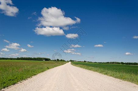 草蓝云地平线沿线的沙砾路高清图片