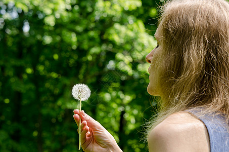 妇女手中握着高贵的dandelion花籽图片