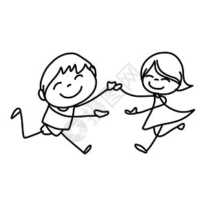 亲手画动画卡通快乐的孩子绘画幸福女孩们艺术跑步学校微笑铅笔孩子们黑色图片