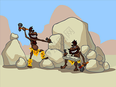 沙漠中两个卡通洞穴人的插图图片