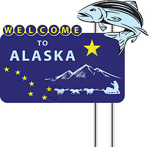 欢迎来到阿拉斯加数字横幅雪橇艺术令牌卡通片城市摊位旗帜红色图片