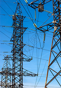 电力塔网络桁架框架电压电缆紧张天空工业活力蓝色图片