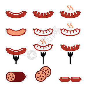 香肠 烧烤 配有叉子多彩图标集图片
