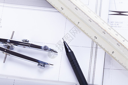 建筑设计蓝图图设备     工作场所绘画文档草图工作房子打印办公室工具测量铅笔图片