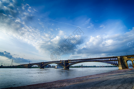 密苏里州圣路易斯天际的市风景日落桥梁纪念碑反射天际旅行城市摩天大楼蓝色场景背景图片