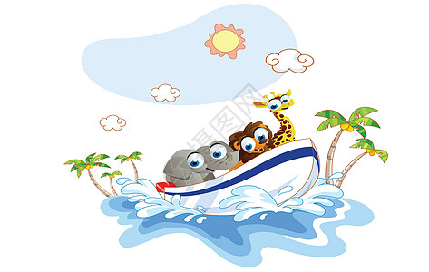 卡通动物在沙滩上乘船图片