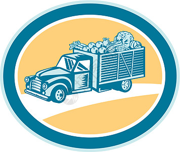 旧式小货车运货车收割回放插图车辆艺术品木刻蔬菜送货农业水果收成图片