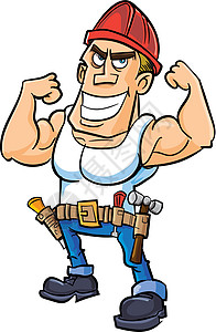 卡通工人 伸展他的肌肉腰带木匠建筑工人建设者建造零售商承包商男人工具职业图片