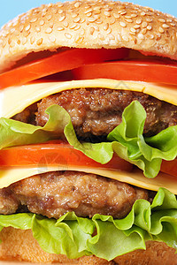 双奶酪汉堡蔬菜洋葱食物种子芝麻牛肉小吃午餐蓝色营养图片