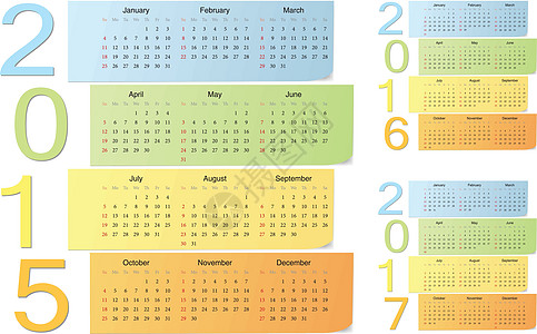 2015 2016 2017年欧洲2015 2016 2017年颜色矢量日历图片
