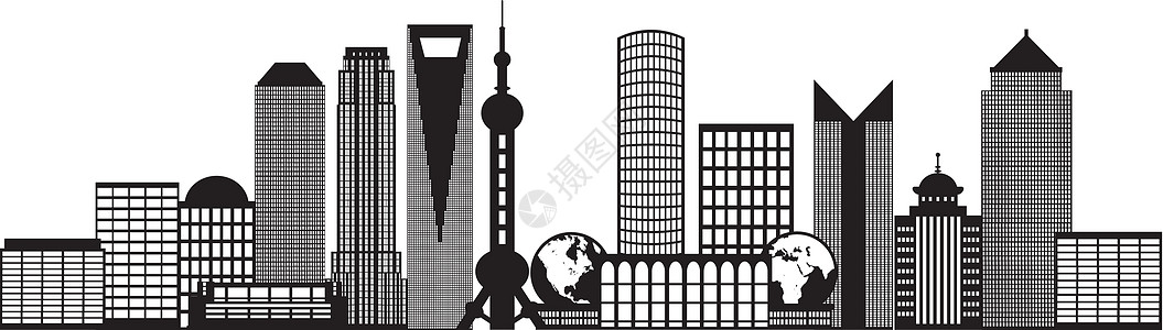 上海市天空线黑白纲要说明插图明信片贸易建筑物世界海报绘画城市白色天际纪念品图片