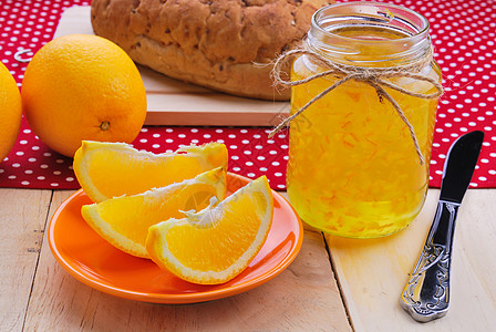 橙和橙果酱木头甜点玻璃食物桌子白色维生素营养水果早餐图片