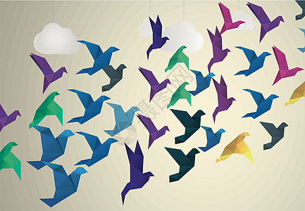 乌鸦鸟飞翔和假云彩背景插图折纸多边形模仿天空作品流动鸽子三角形蓝色图片