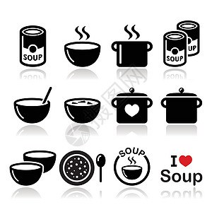 碗 罐和锅中的汤汁 食物图标集勺子餐厅食谱酒吧插图起动机产品圆圈蔬菜味道图片
