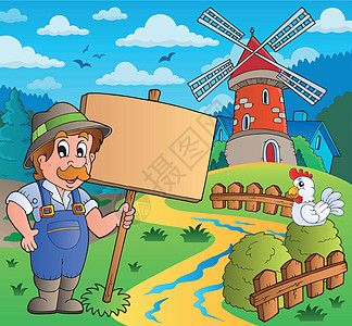 农民标志在风车附近有标志的农民插画