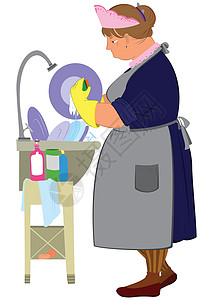 穿黄色手套洗碗的卡通妇女图片