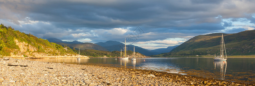Panorama  苏格兰湖水艇旅行反射娱乐巡航海洋全景游艇港口帆船树木图片
