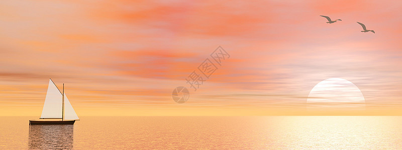 和平帆船  3D冥想木头日落假期水手动物运输海鸥天空场景图片