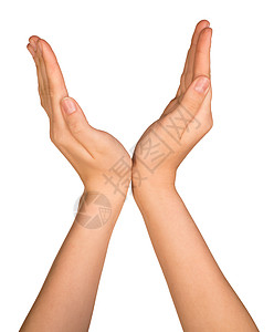 一位年轻女性的张开双手手指八字形拇指成人棕榈白色背景图片