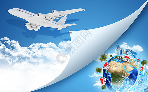 带有地球和建筑物的飞机交通折叠商业边缘翅膀森林涡轮航空空气绳索图片