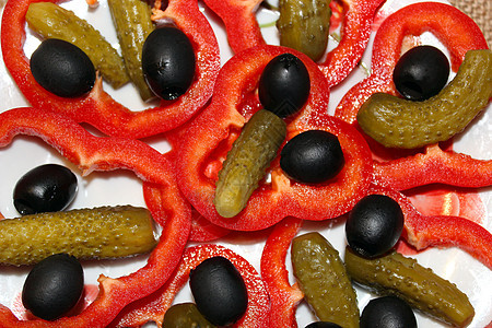 黑橄榄 鱼瓜和辣椒饮食派对食物废料绿色菜单蔬菜沙拉水果黑色图片