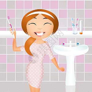 干净牙齿卡通片牙膏插图家庭时间女孩化妆品快乐生活女性图片