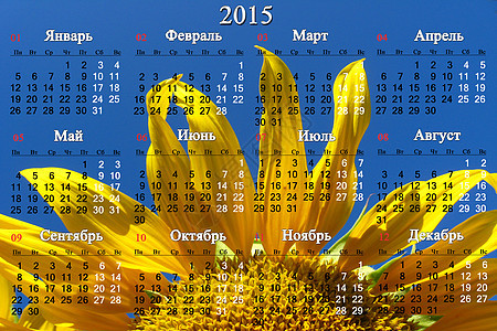 2015年日历 以俄文为黄向日葵图片