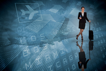 商业女商务人士仰靠手提箱持有平板电脑的复合形象c绘图螺旋蓝色旅游木板飞机场辉光人士未来派技术图片