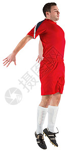 红跳的足球运动员跳跃活动播放器运动男人齿轮杯子红色白色世界背景图片