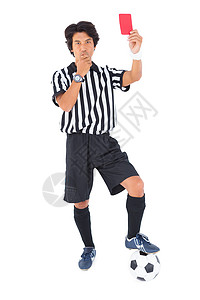 显示红卡的斯特恩裁判足球男性男人官员制服体育运动权威红牌惩罚图片