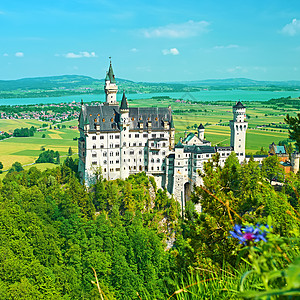德国的纽施旺斯坦城堡旅行建筑国王森林地标晴天蓝色村庄大厦建筑学图片