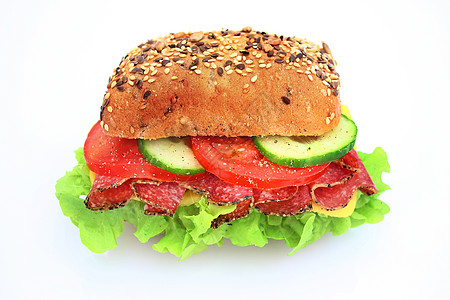 新鲜三明治 加腊肠奶酪和蔬菜香肠垃圾沙拉饮食维生素食物小麦面包包子美食图片